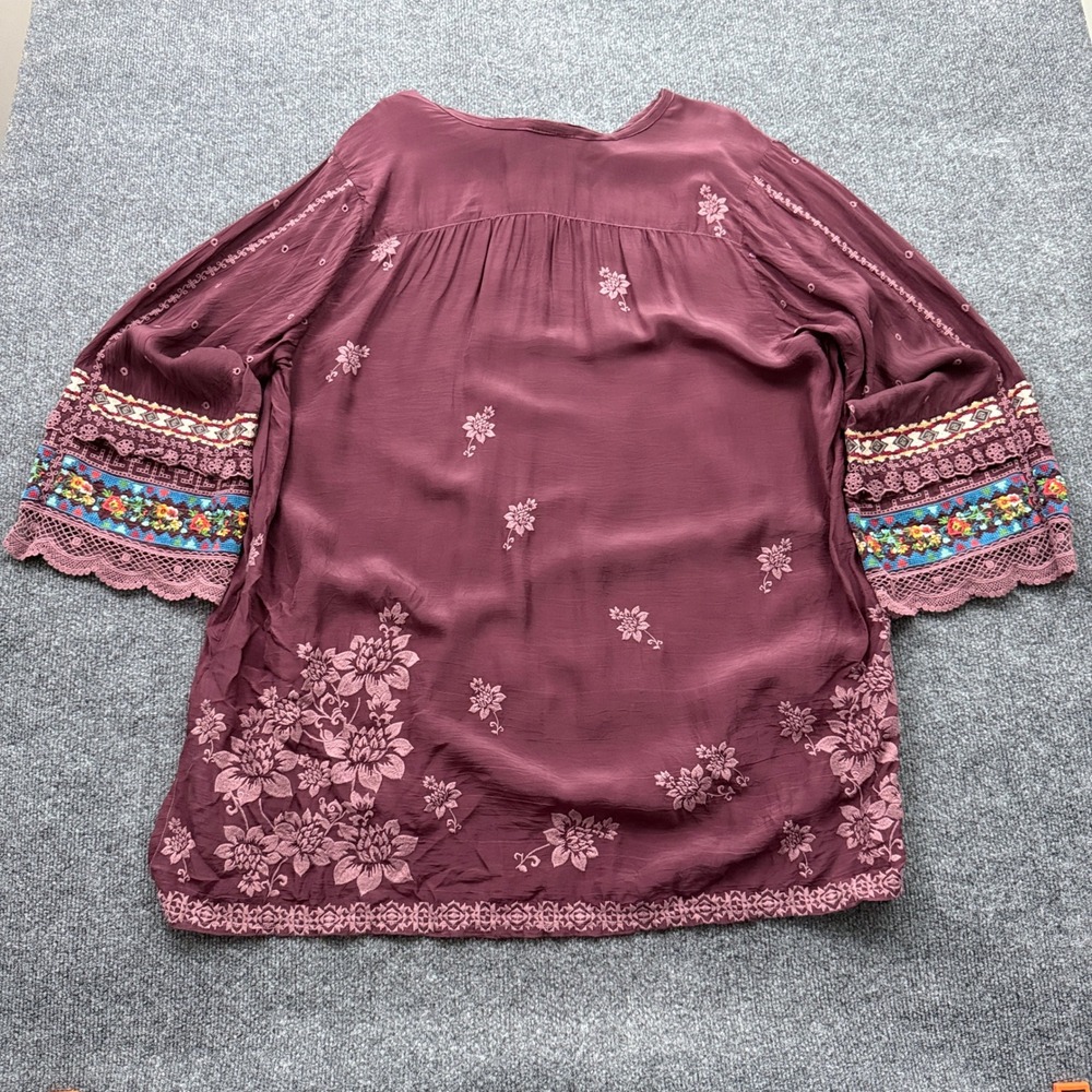 Johnny Was Tunic Top Sz XXL Burgundy Floral Embroidered Lace Boho Indie Peasant - Picture 2 of 16